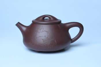 紫砂壶图片：油润底曹青 全手工景舟小石瓢 装饰人物 特文气 - 美壶网